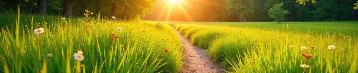 Wall Mural - A sun-drenched path winds through a vibrant, green meadow, bathed in the golden light of a bright, sunny day The scene evokes a sense of carefree adventure and natural beauty , clouds, blue