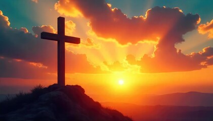 Wall Mural - a symbolic image depicting christian salvation; a cross silhouetted against a bright sunrise, convey