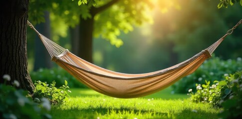 Wall Mural - A tranquil scene of a hammock gently swaying in a lush green garden, bathed in soft sunlight  Perfect for relaxation and escapism themes , garden, nap, backyard