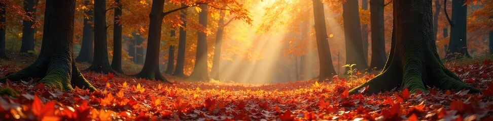 Wall Mural - vibrant autumn leaves blanket a forest floor, sunlight dappling through the branches creating a magi