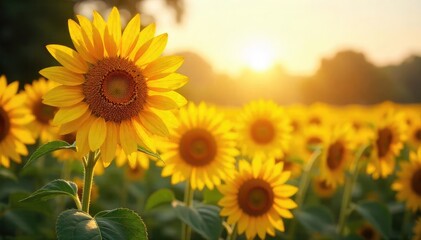 Wall Mural - vibrant sunflowers basking in the warm glow of summer sunshine, petals reaching towards the golden l