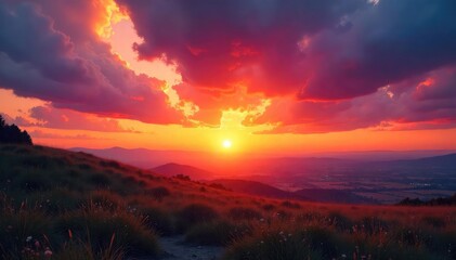 Wall Mural - vibrant sunset hues paint the sky with fiery oranges, reds, and purples as the sun dips below the ho