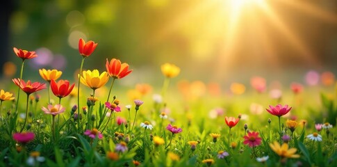 Wall Mural - Vibrant wildflowers in full bloom across a lush green meadow bathed in the warm glow of spring sunlight Perfect for nature, spring, and environmental themes , nature, background, environment
