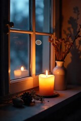 Wall Mural - a softly lit windowsill, adorned with a flickering candle, casting a warm glow on the glass and surr
