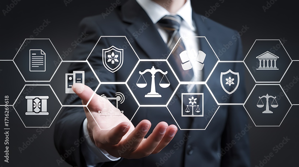 Businessman presenting digital law and justice icons with legal scale ...