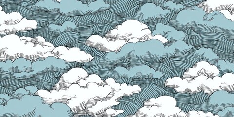 A vintage-style illustration showcases a detailed pattern of clouds and textured sky, blending light and dark blues with white.