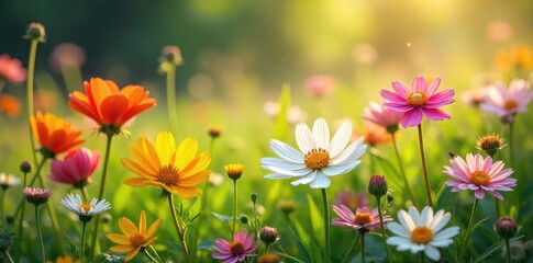 Wall Mural - A vibrant bouquet of wildflowers in a lush meadow, bathed in soft sunlight Delicate petals, rich colors, and buzzing insects create a scene of untamed natural beauty , butterflies, ecology, grass