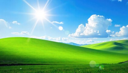 Wall Mural - Sunlight streams through fluffy clouds illuminating a vibrant landscape of rolling green hills and a clear blue sky, a picturesque daytime scene , hills, summer