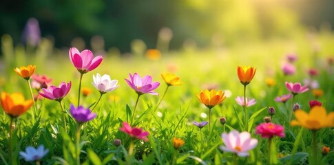 Wall Mural - Vibrant wildflowers bursting into bloom in a lush green meadow, bathed in the warm sunlight of a spring day A symphony of colors and textures celebrating the season's renewal , meadow, purple