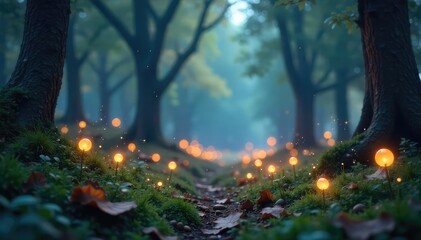 Wall Mural - Whimsical glowing orbs dance in a dreamy, out-of-focus landscape, creating a magical, ethereal atmosphere Perfect for fantasy, fairytale, or enchanted forest themes , magical, lights, texture