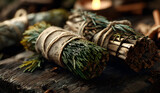 Evergreen cleansing sticks for Yule winter solstice hristmas celebration. Diffrent types of smoke cleanigs bundles made from fir, edar. Alternatives form sae smudge sticks on dark woden table