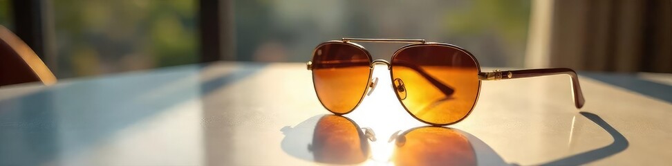 Wall Mural - a stylish pair of sunglasses rests on a sleek, modern indoor table, casting a subtle shadow the sun'