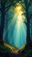 Wall Mural - sunbeams pierce a dense, mystical forest canopy, illuminating a breathtaking sky above a tranquil sc