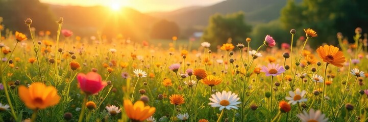 Wall Mural - sun-drenched meadow bursting with wildflowers in full bloom, a picturesque scene perfect for idyllic