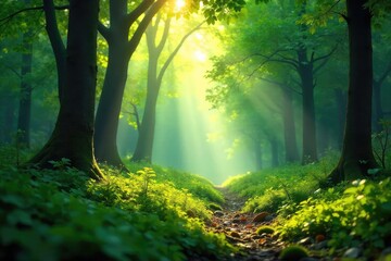 Wall Mural - sunlight dapples through the leaves of a lush, green forest, illuminating the forest floor and creat