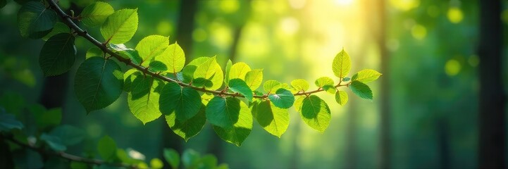 Wall Mural - sunlight dappling through the leaves of a dense, lush forest branch, creating a magical, ethereal sc