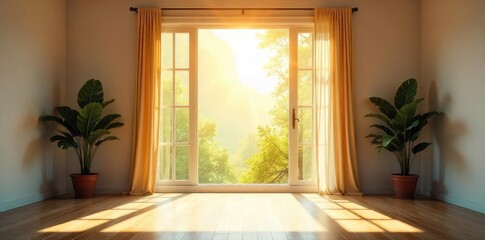 Wall Mural - sunlight streams through a wide open window, illuminating a bright, airy room, signifying freedom an