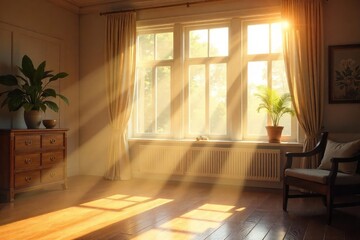 Wall Mural - sunlight streams through bright windows illuminating dust motes dancing in the air, creating a warm,
