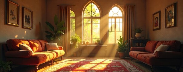 Wall Mural - sunlight streams through large, arched windows in a cozy, bright interior, illuminating dust motes d