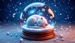 © Thitimon - A cat is curled up inside a glass ball with snow inside.