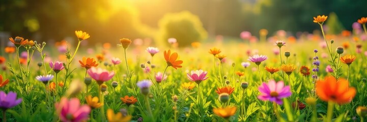 Wall Mural - A vibrant meadow bursting with wildflowers in full bloom, bathed in the golden light of summer Perfect for nature, spring, and summer themes Ideal for idyllic, peaceful imagery , wildflower, idyllic