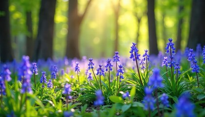 Wall Mural - stunning image of a vibrant bluebell wood, bathed in soft sunlight perfect for spring themes, nature