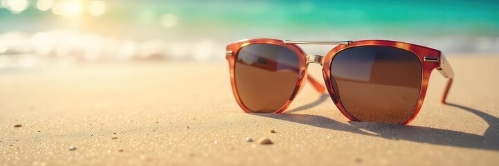 Wall Mural - stylish sunglasses resting on a sandy beach, reflecting the bright sunlight perfect for summer vacat