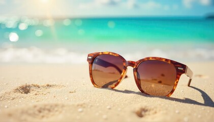 Wall Mural - Stylish sunglasses resting on a sun-drenched beach, embodying summer vibes and relaxation Perfect for travel, vacation, and summer fashion promotional materials , coastal, ocean