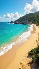 Wall Mural - Sun-drenched beach with golden sand meeting a shimmering turquoise sea, creating a breathtaking golden sea vista  Perfect for travel, vacation, or summer themes , blue, sunrise