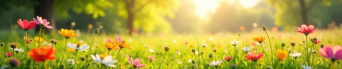 Wall Mural - Sun-drenched springtime meadow bursting with wildflowers in full bloom  Vibrant colors, gentle breeze, idyllic pastoral scene perfect for nature lovers and spring themes ,  vibrant,  flora