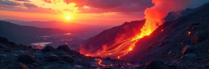 Wall Mural - sun-drenched volcanic landscape, glowing lava flows illuminate the summer sky a surreal, fiery scene