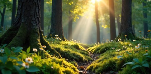 Wall Mural - sunlight dapples the forest floor, illuminating a lush carpet of moss and wildflowers amongst ancien