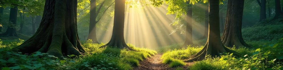 Poster - Sunlight dapples the forest floor, illuminating ancient trees and lush undergrowth in a vibrant display of natural beauty  A serene and untouched woodland scene ,  undergrowth,  leaves