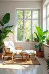 Wall Mural - sunlight streams into a bright, airy room filled with lush plants, stylish furniture, and minimalist