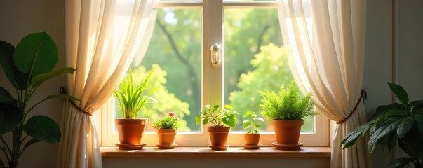 Wall Mural - sunlight streams through sheer curtains onto a cozy window sill adorned with potted plants and decor