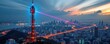© Thi - advanced telecommunication tower on a skyscraper sending neon digital signals to smart infrastructure, autonomous cars, and energy efficient urban systems, illustrating ultra fast 5g communication