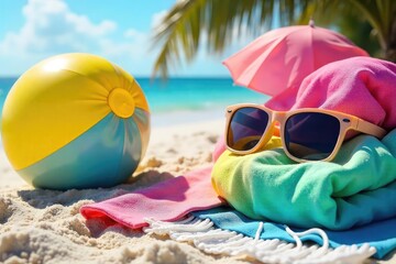 Wall Mural - Vibrant summer scene featuring bright, inflatable beach balls, sunglasses, and colorful beach towels on a sunny beach Perfect for summer vacation and holiday themes , vibrant, colorful