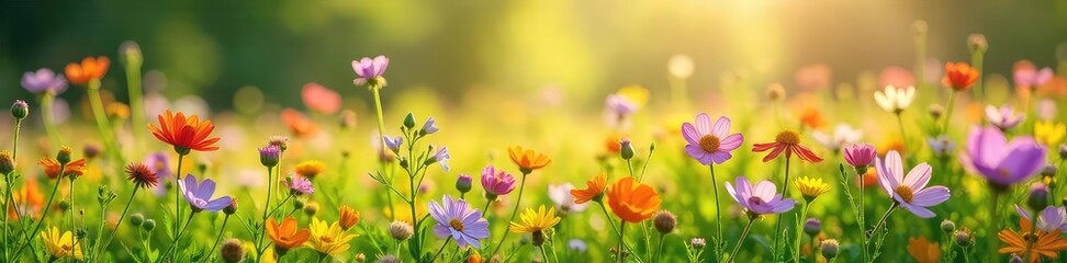 Wall Mural - Vibrant wildflowers bloom in a sun-drenched meadow, creating a breathtaking tapestry of color and texture Perfect for nature, summer, and environmental themes , conservation, bees