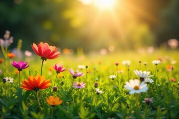 Wall Mural - Vibrant wildflowers bloom in a lush meadow bathed in golden sunlight A picturesque scene of natural beauty, perfect for illustrating summer, nature, or environmental themes , bloom, picturesque