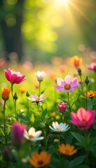 Wall Mural - Vibrant wildflowers blooming in a lush spring meadow, bathed in warm sunlight A picturesque scene of natural beauty and renewal, perfect for nature, springtime, and floral themes , pretty, fresh