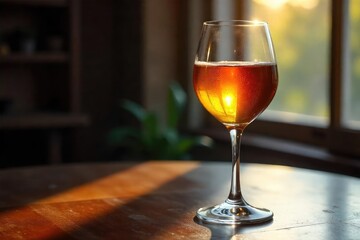 Wall Mural - a shimmering, golden-hued wine rests in a crystal glass, sunlight catching its rich surface the eleg