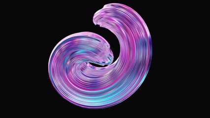 Abstract twist swirl holographic iridescent metal shape. Vibrant 3D Y2K trendy object, motion futuristic looped animation design
