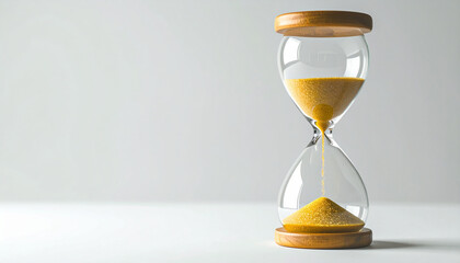 Hourglass on white background, detailed textures of glass and sand, concept of time.