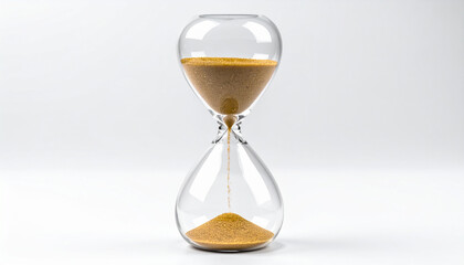 Hourglass on white background, detailed textures of glass and sand, concept of time.