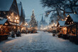 © Daniel - Snowy Christmas market with decorated tree, festive lights, wooden stalls, and evening winter ambiance.