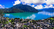 Austria tourism and most scenic places. wonderful turquoise lake Wofgangsee  (Wolfgang) and beautiful village Sankt Gilgen surrounded by alps mountains austrian travel in Salzkammergut
