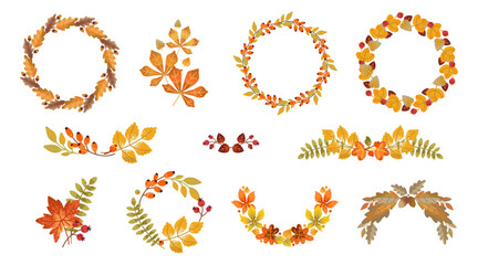Wall Mural - autumn frames, wreaths of leaves, branches, and berries. fall floral elements. vector illustration