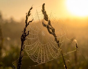 Dew drops on spider web glowing in morning sunlight.