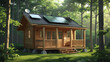 © MD AL AMIN - Cozy wooden cabin nestled in a lush green forest with solar panels on the roof