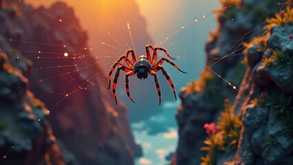 Intricate spider weaving its web in a breathtaking canyon as sunlight glistens on the glimmering strands of silk